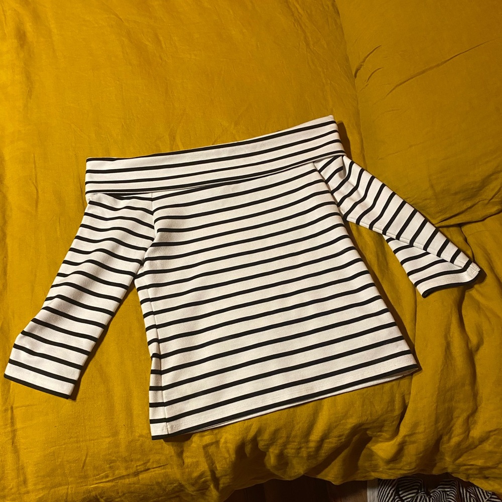 Striped, off the shoulder, Anthropologie shirt.